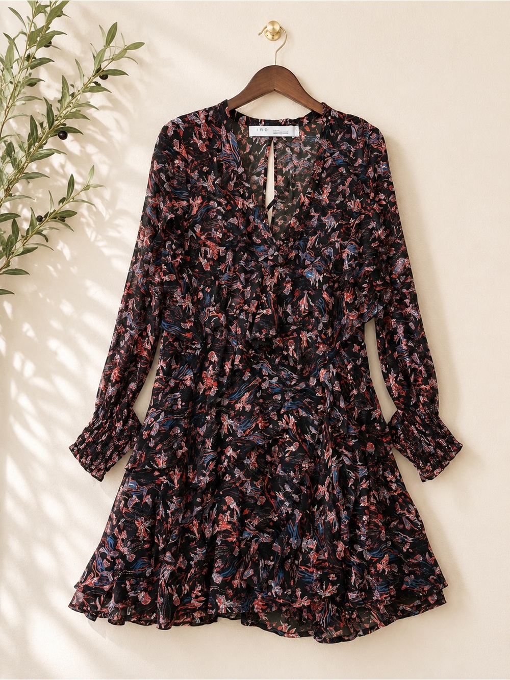 IRO Paris Floral Ruffle Midi Dress Size 34 US XS Black Pink Long Sleeve